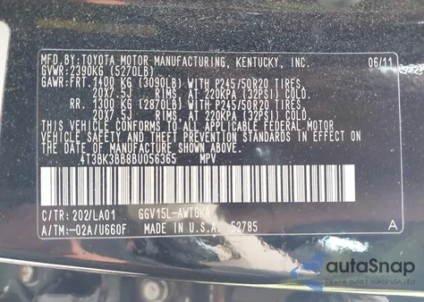 2011 Toyota Venza Base V6 из США, поврежденный, VIN 4T3BK3BB8BU056365